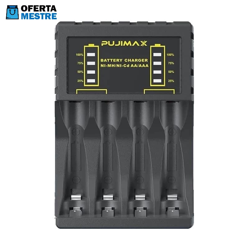 Carregador de Pilhas AA e AAA Ni-Mh e Ni-Cd Entrada Type-C e Micro USB Pujimax PJ-N4008