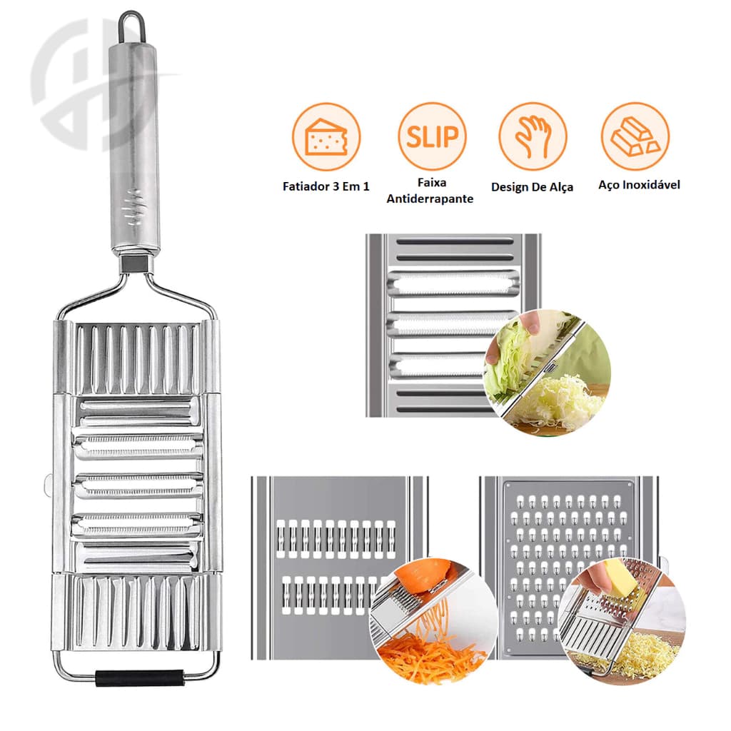 Ralador Inox 3 em 1 Multiuso Queijo Legumes Frutas Com Cabo