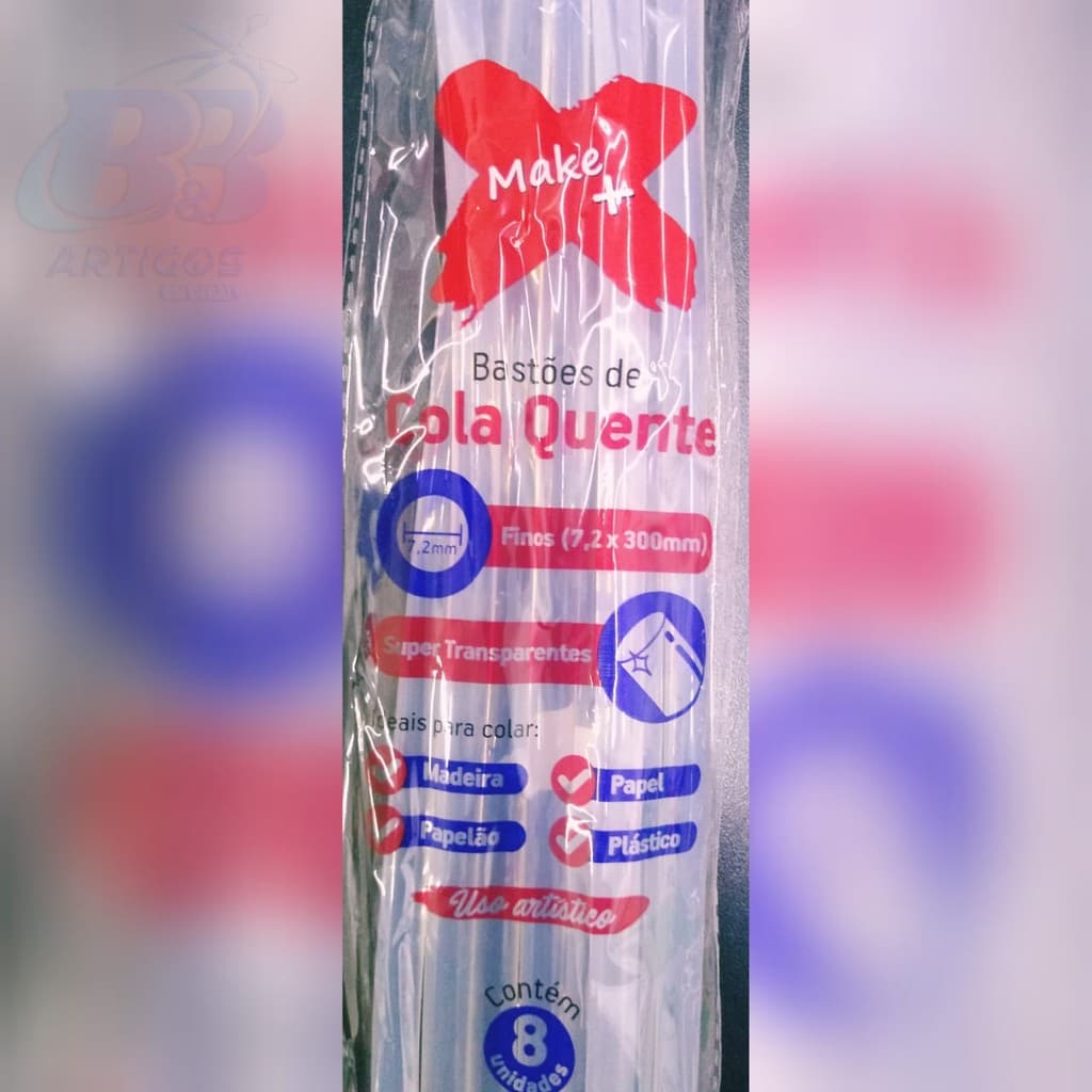 Cola Quente Bastão Fino 7,5mmx30cm Make Mais Transparente 100 gramas com 8 unidades.