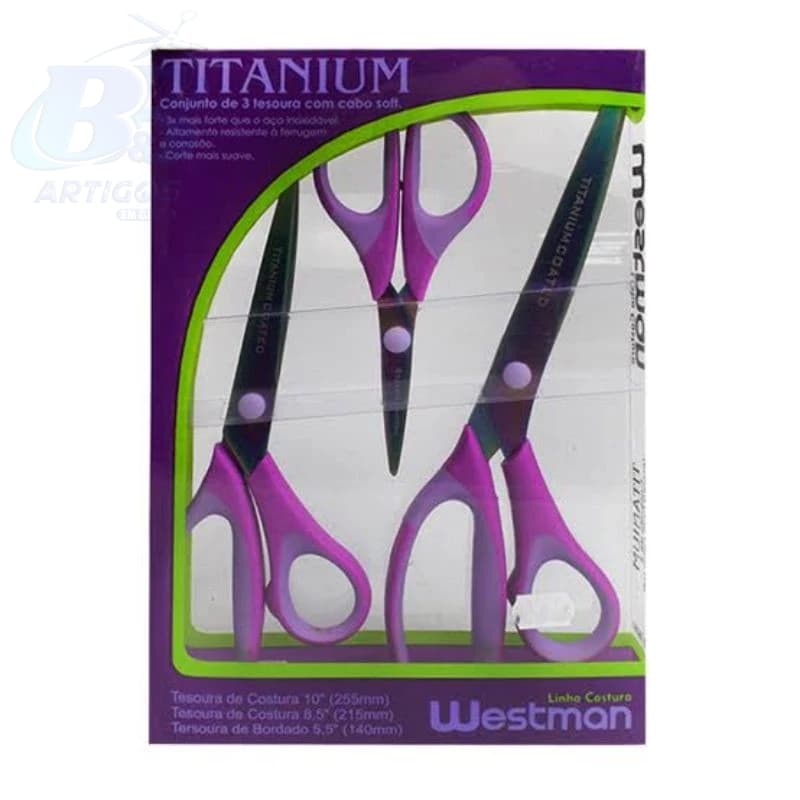 Tesoura Para Costura Titanium Kit Com 3 Cabo Soft Aço
