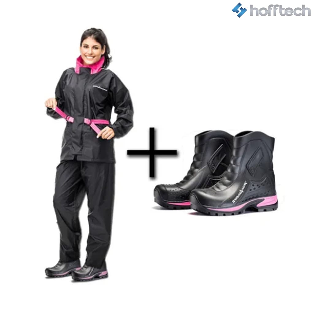 Capa Feminina De Chuva Nylon Pantaneiro C/ Detalhes Em Rosa + Bota rosa