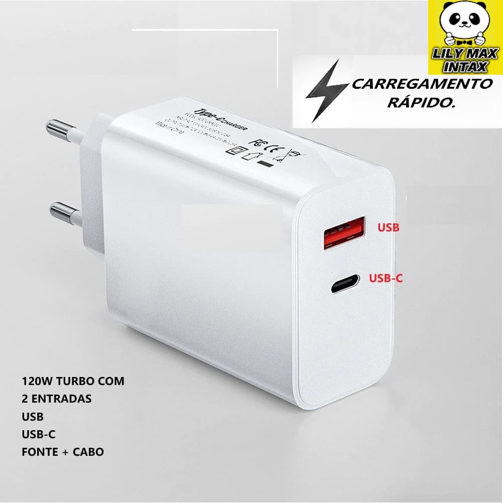 Carregador Turbo 120W com 2 Entradas USB e USB-C + Cabo Type-C – Carregamento Rápido