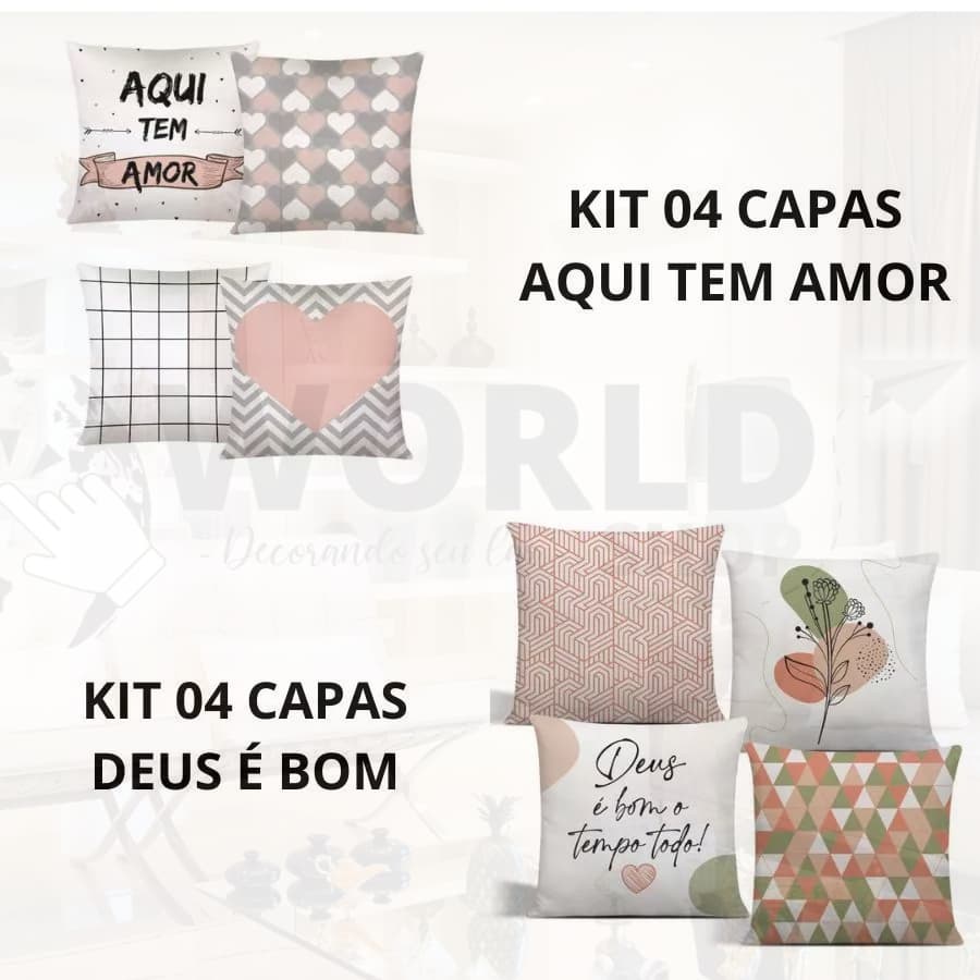02 Kits Com 04 Capas Estampas Luxos 42cm x 42cm Decoração Sala Quarto Aqui Tem Amor E Deus É Bom
