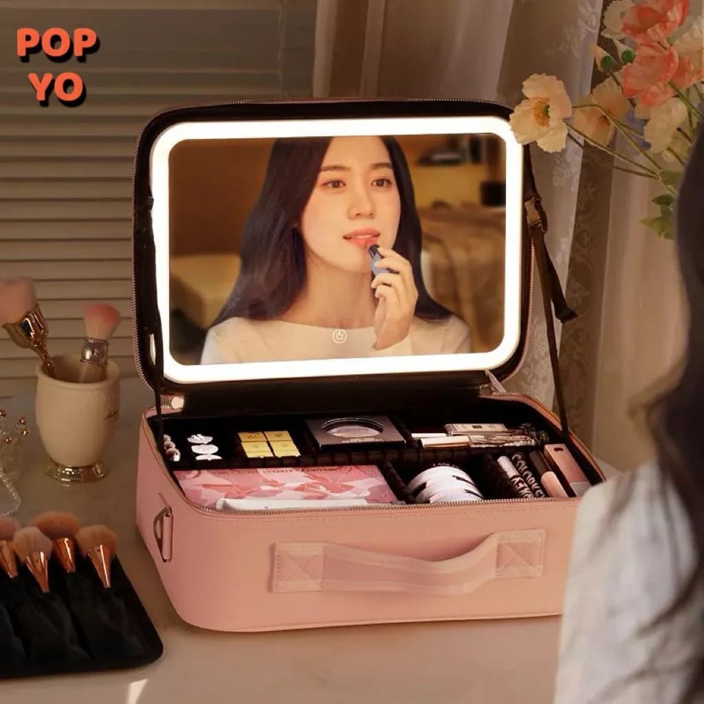 Bolsa de Maquiagem com Espelho LED Estojo Organizador de Pincéis, Make e Acessórios de Viagem POP YO