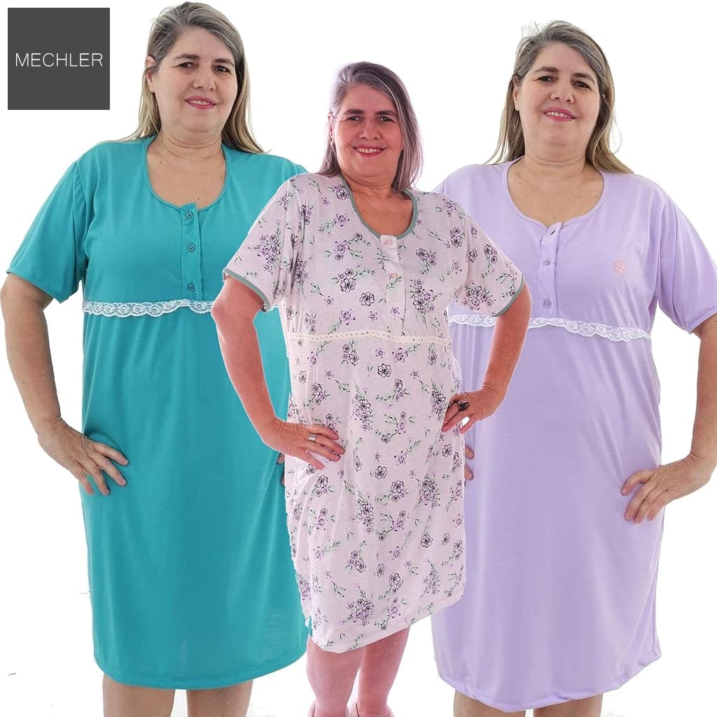 Kit 3 Camisola Senhoril Regata Malha Fria Plus Size Senhora Amamentação Hospital Idosa Vovó Com botão