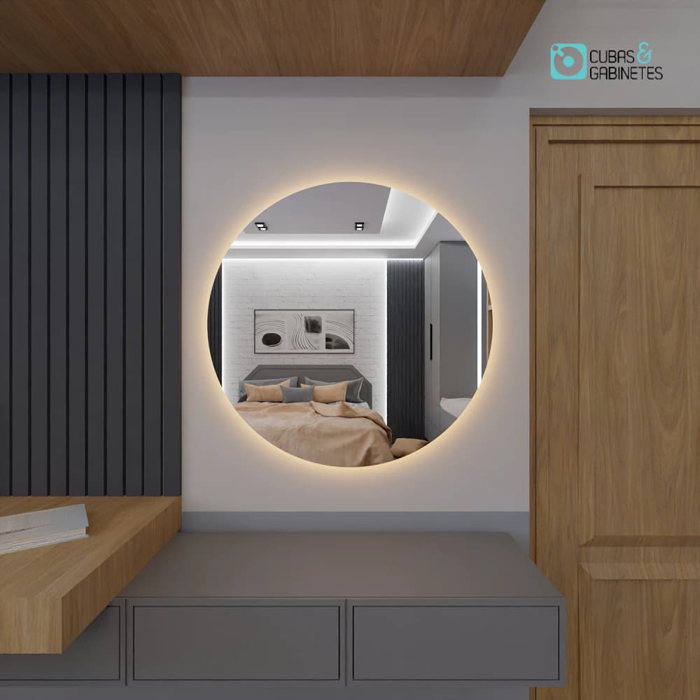 Espelho Redondo com LED E08 Grande Decorativo Sala Quarto Loja Banheiro com Suporte