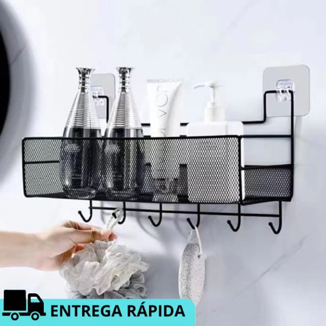 Suporte Prateleira de Shampoo Para Banheiro Cozinha com Adesivo Auto Colante Na Parede Multifuncional Organizador Com Gancho Preto ou Branco
