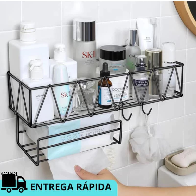 Suporte Para Shampoo Skincare Para Uso No Banheiro Na Parede sem furo Prateleira Luxo Auto Adesiva com Gancho Preto e Branco