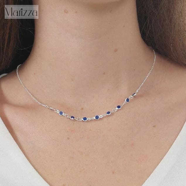 Colar Choker Bolinha de Prata 925 Zircônia Pedra Azul 40cm