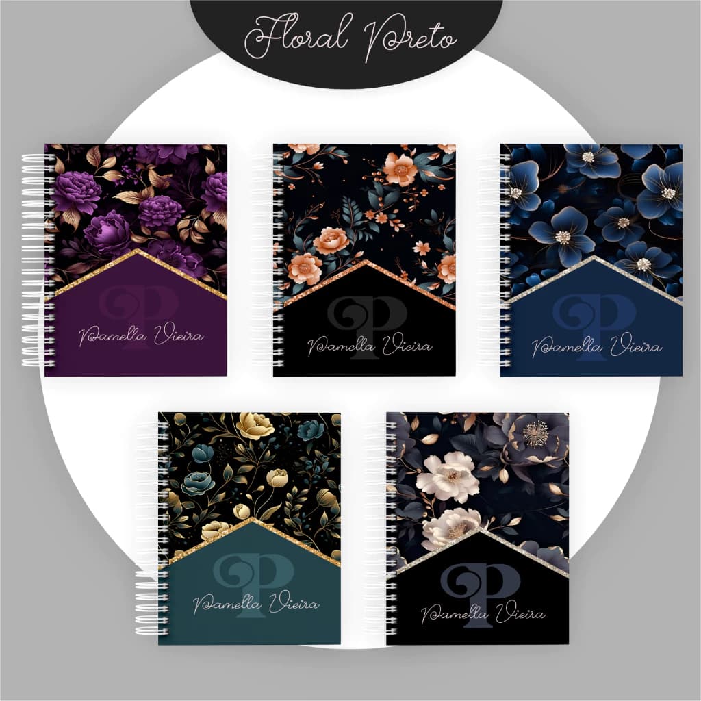 Caderno Floral  Preto Personalizado A5 pautado    200 paginas decoradas