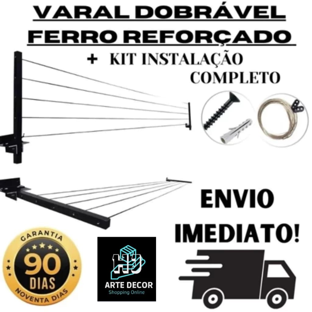 Varal Reforçado Retrátil Parede Aço Carbono Preto KIT COMPLETO+AÇO