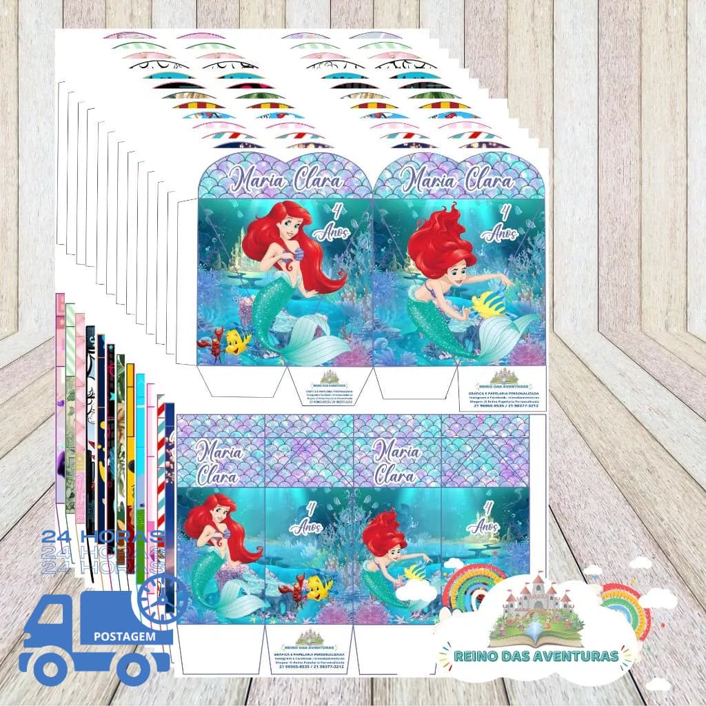 Envio imediato - TEMA PRINCESA ARIEL PEQUENA SEREIA ARIEL Kit 20 ou 30 MILK/CORAÇÃO Lembrancinha de Festa (sem nome)