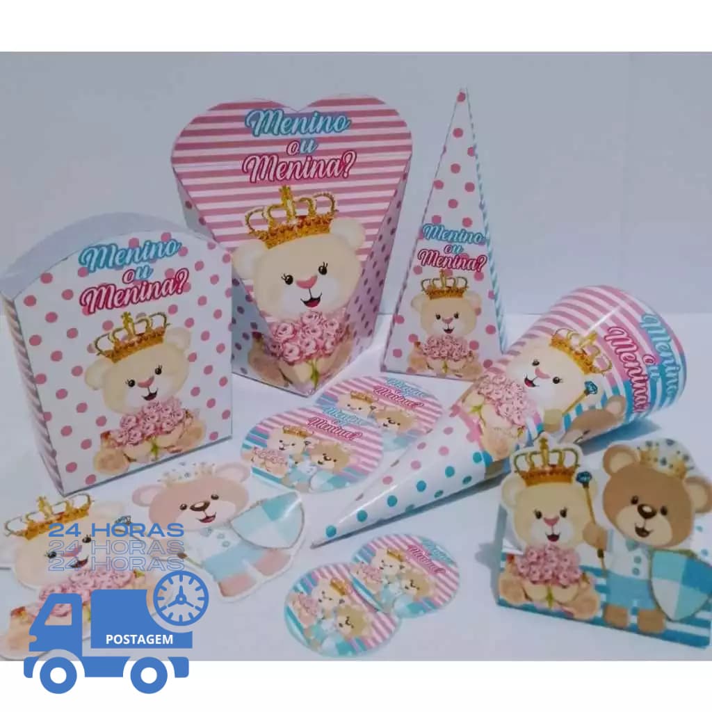 Envio imediato - TEMA CHÁ REVELAÇÃO AZUL E ROSA URSO REALEZA Kit 85 ou 170 Lembrancinha (sem nome)