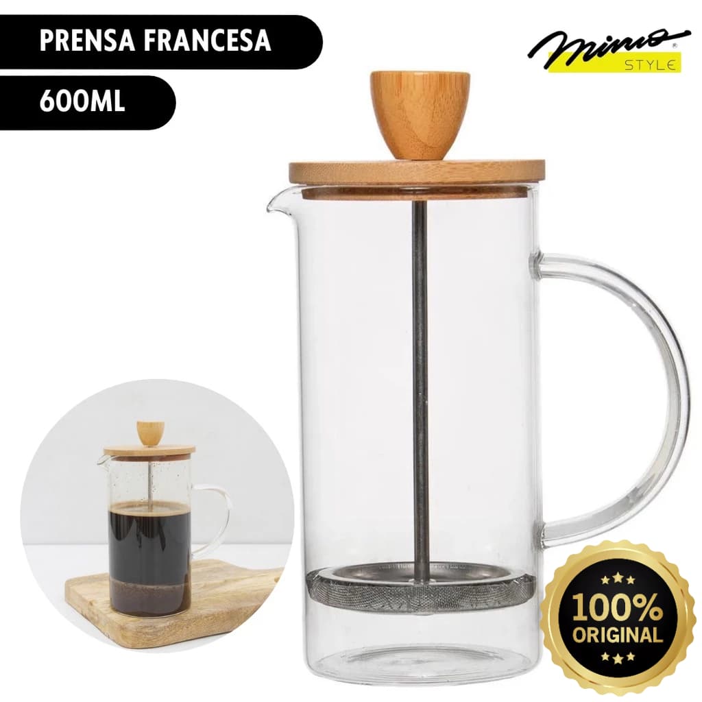 Cafeteira Prensa Francesa 12 Xícaras 600ml com Tampa Bambu Café Leite Cremoso Mimo
