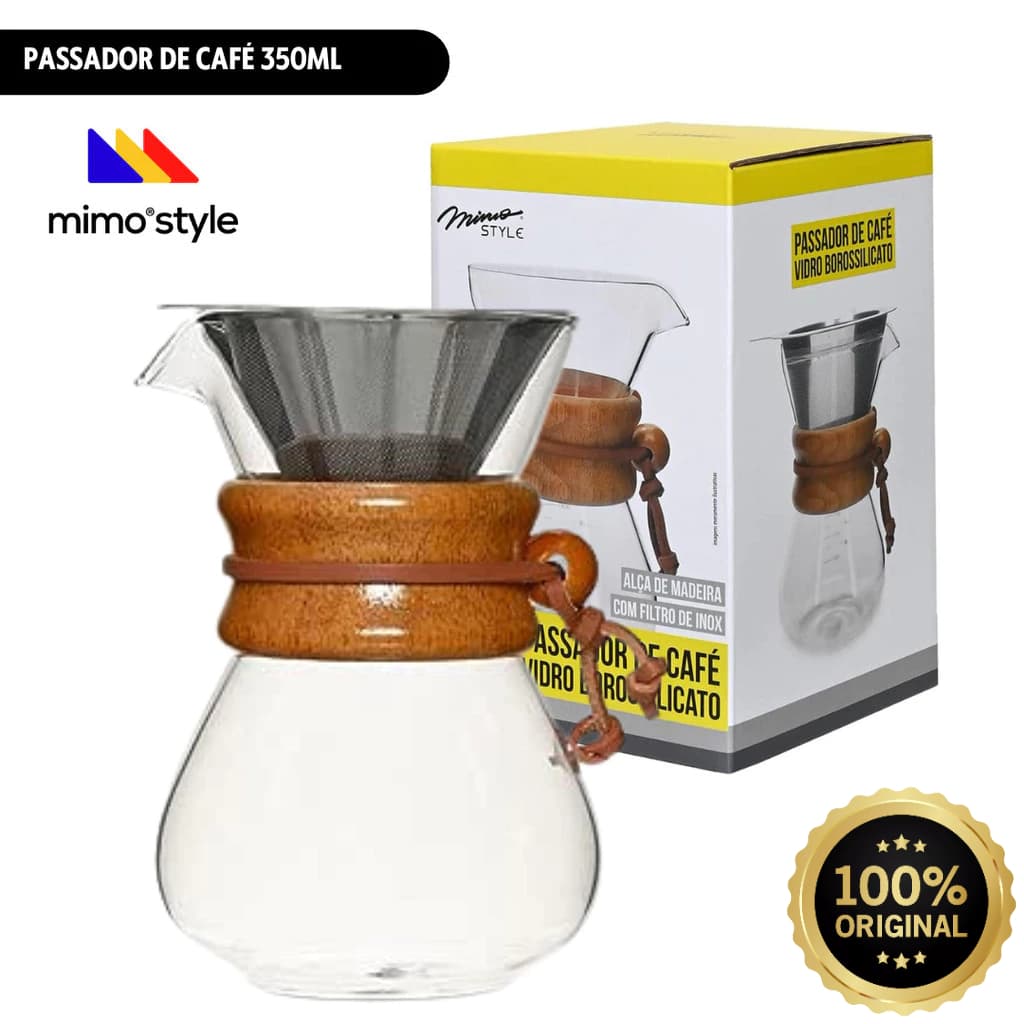Passador de Café Vidro 350ml Inox Madeira Mimo Style