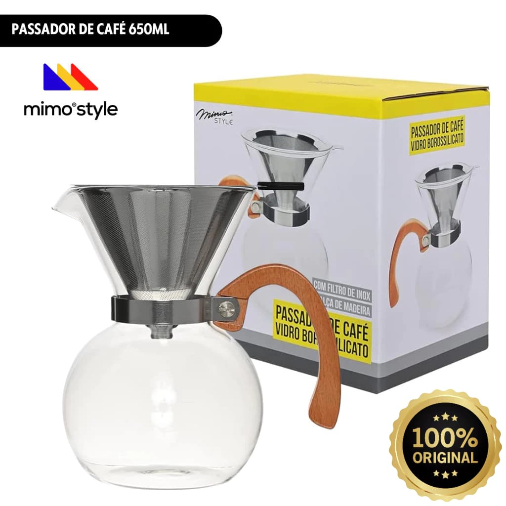 Passador de Café Vidro 650ml Inox Cabo Madeira Mimo Style