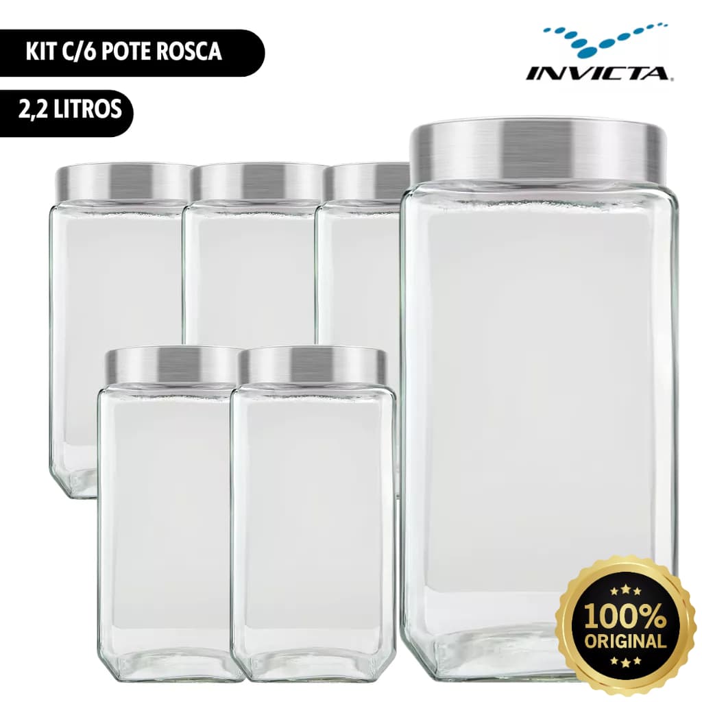 Kit c/6 Unid Pote Quadrado 2,2 Litros Vidro Liso Tampa Inox Rosca Invicta