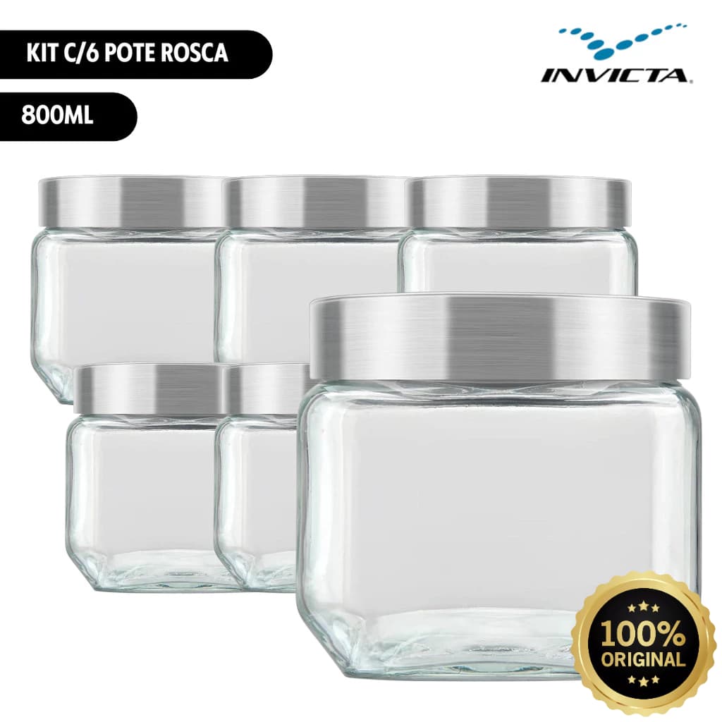 Kit c/6 Unid Pote Quadrado 800ml Vidro Liso Tampa Inox Rosca Invicta