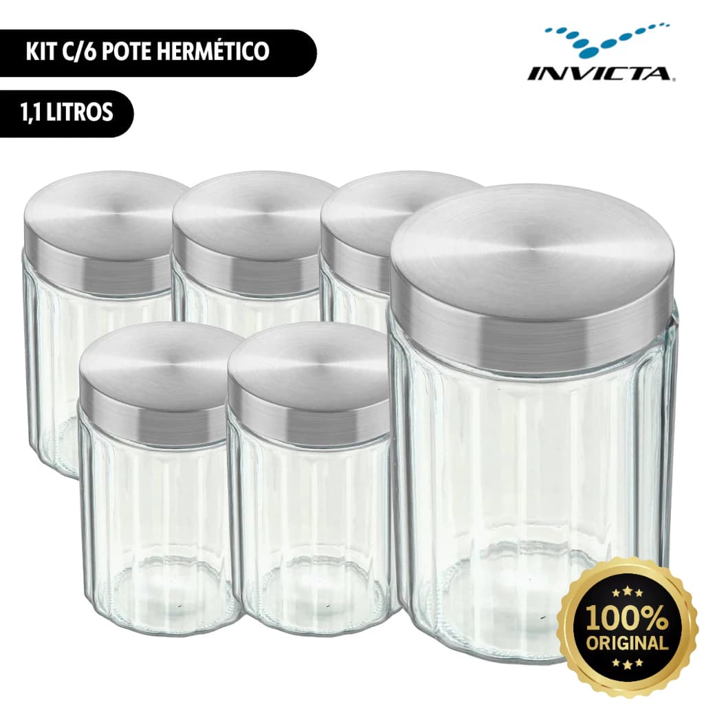 Kit c/6 Unid Pote Redondo 1,1 Litros Vidro Canelado Tampa Inox Rosca Invicta