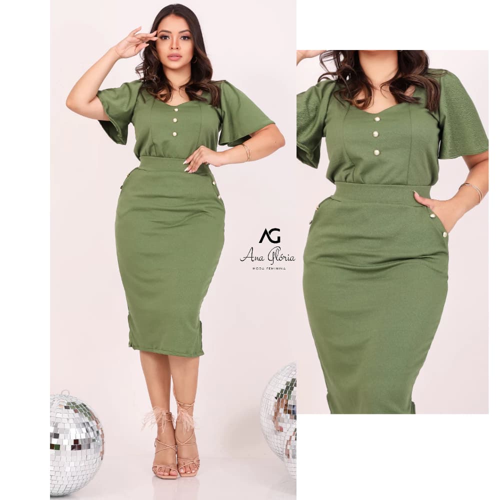 Conjunto Saia Mídi E Blusa Botão Manga Malha Crepe Moda Feminina Evangélica Festa Congresso PlusSize