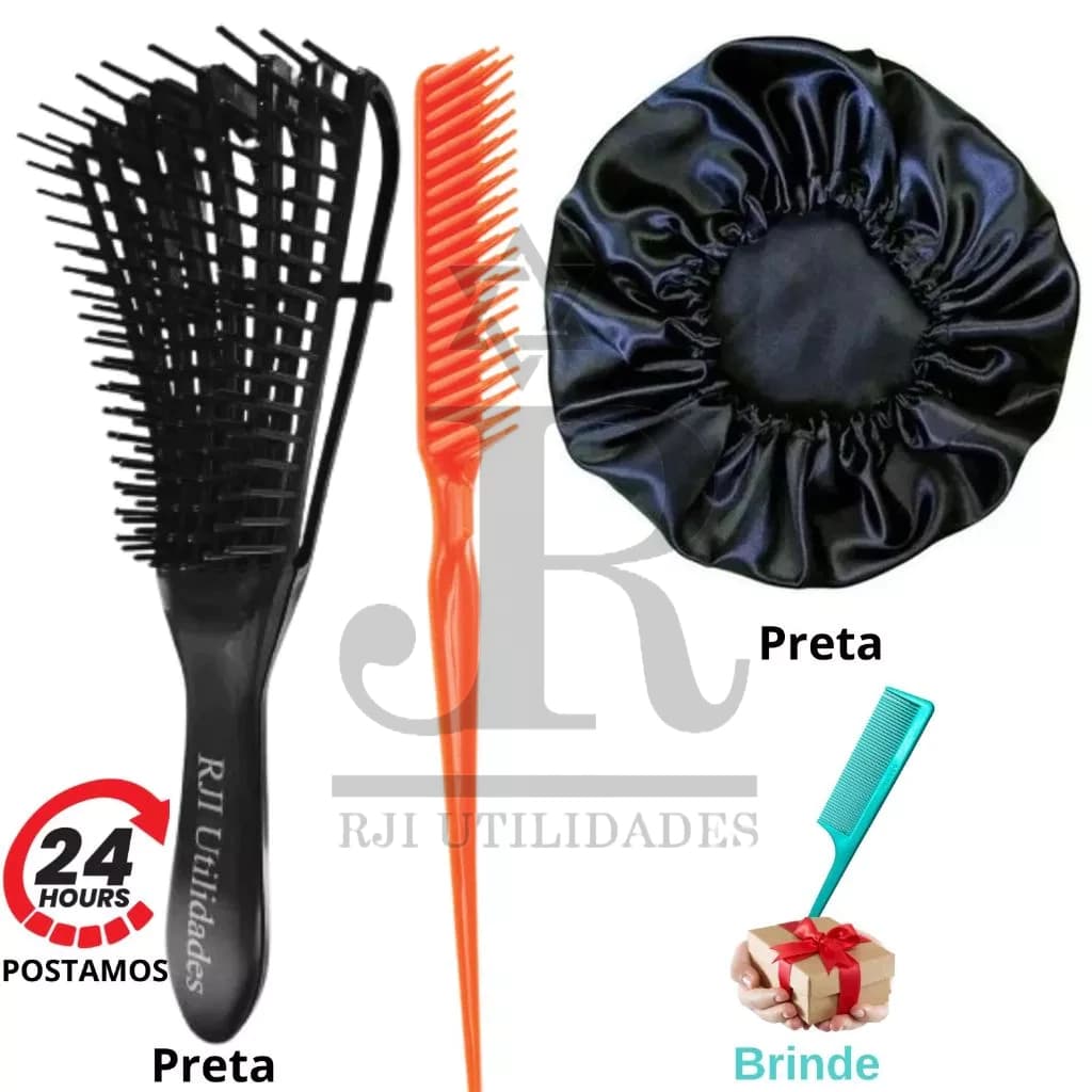 Kit Escova Pente Polvo Preta Cabelo Cacheado, Pente 3 Fileiras Fitagem, Touca Cetin Anti Frizz Preta