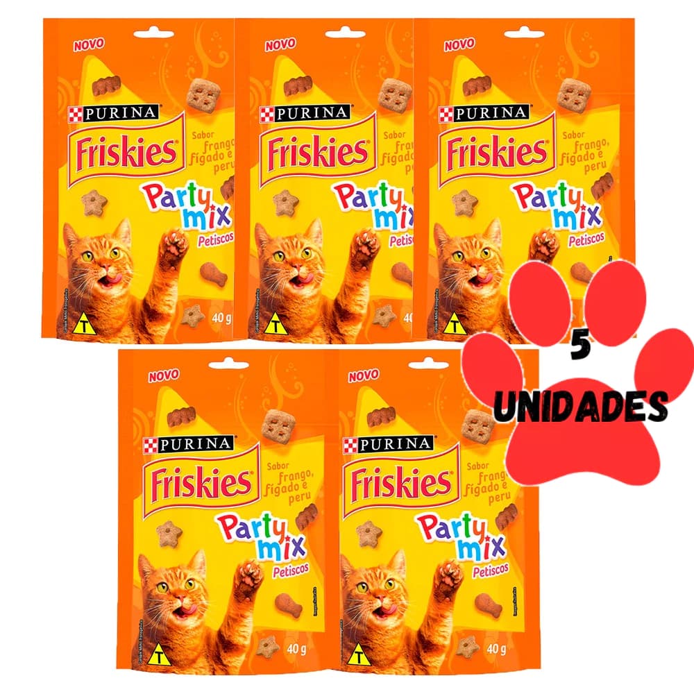 Kit 5 un. Petisco Friskies Party Mix Para Gatos Adultos Sabor Frango 40g