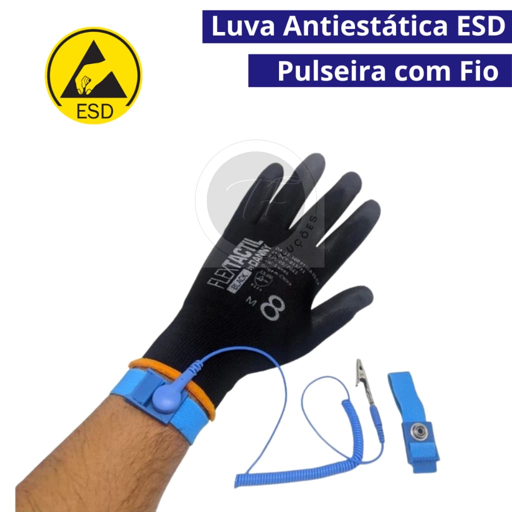 Luva Antiestatica + Pulseira Antiestática Com Cabo ESD - Luva Flextáctil Esd De Nylon e Poliuretano