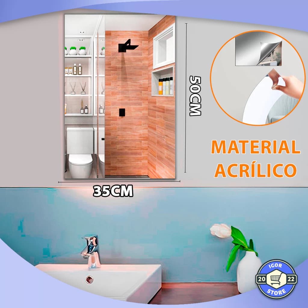 Espelho Retangular Adesivo Acrílico Decorativo 50x35cm  Envio Imediato