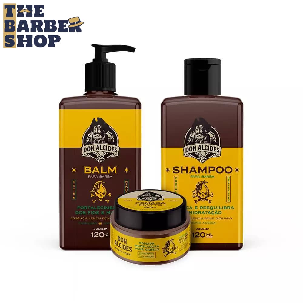 Kit Shampoo e Balm para Barba + Pomada Modeladora Don Alcides Lemon Bone