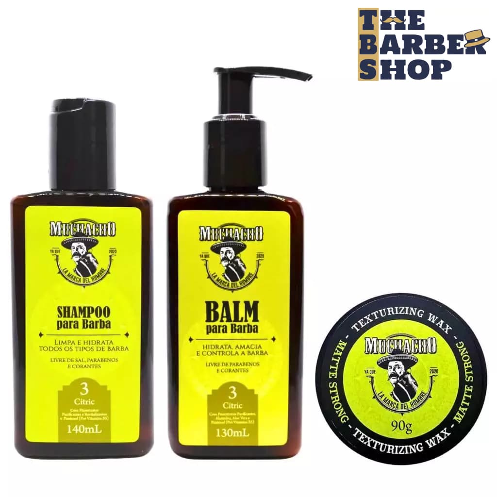 Kit Barba Shampoo + Balm + Pomada Modeladora Cabelo Muchacho Citric