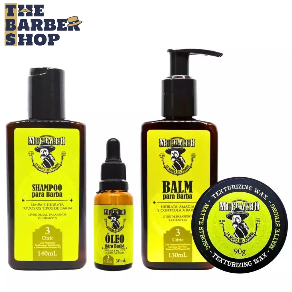 Kit Shampoo + Balm + Óleo + Pomada Modeladora Cabelo Muchacho Citric