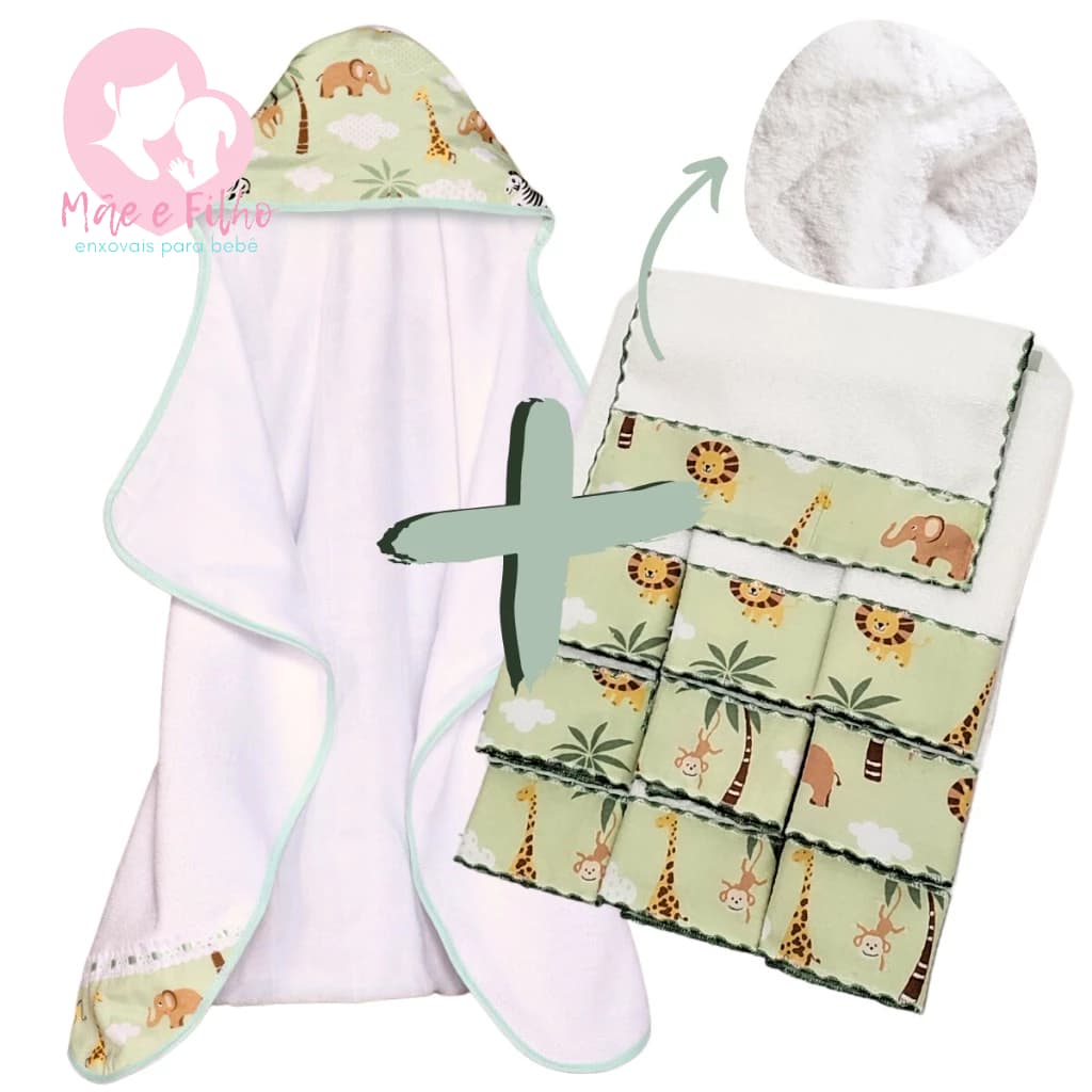 Toalha de Banho Bebe Dupla Camada + 6 Toalhas de Ombro para Bebê com Tecido Estampado 100% Algodão