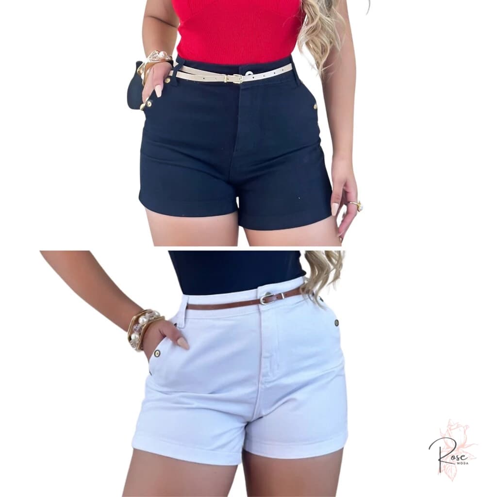 Short Jeans Feminino Cintura Alta com Cinto Decorado com Botões nos Bolsos, Loja Rose