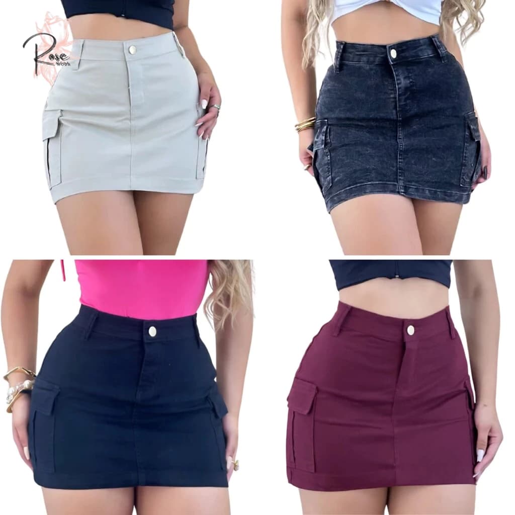Saia Jeans Feminina Cargo, Estilo Fankeira , Cintura Alta, 98% Algodão e 2% de Lycra, Loja Rose