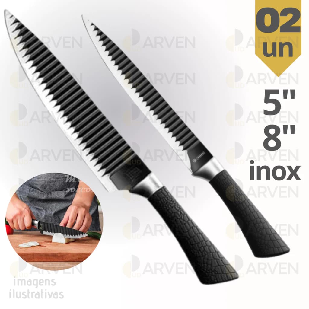 KIT Faca  de Cozinha Chef  5" + Faca de Cozinha Chef 8" All Black Preta Tubarão Inox Antiaderente