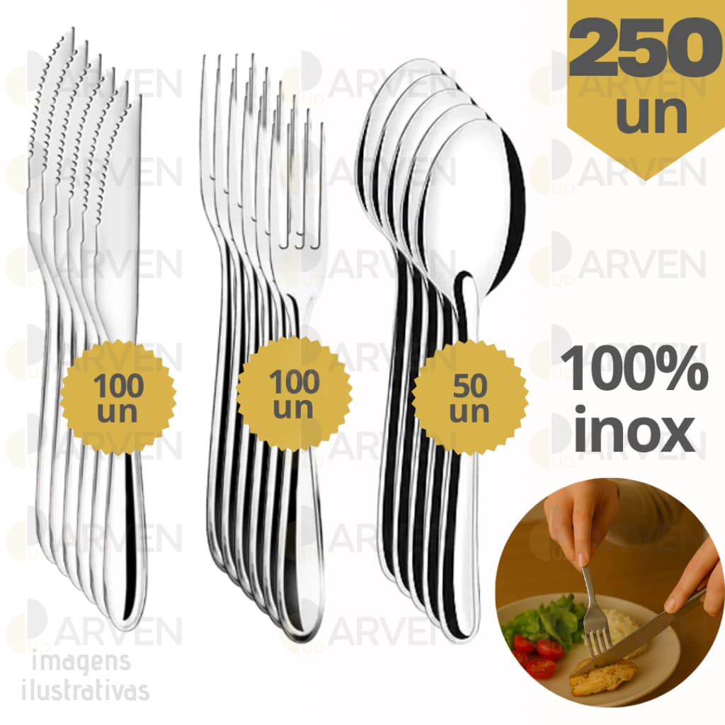Jogo de Talher 250 Peças em INOX 100 FACAS 100 GARFOS 50 COLHERES
