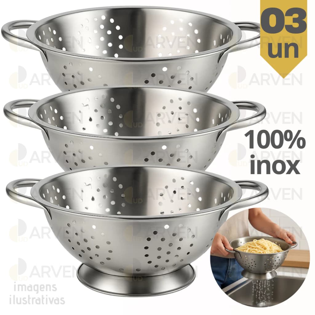 KIT 3 PÇ Escorredor De Macarrão Massa Inox Utensílios De Cozinha