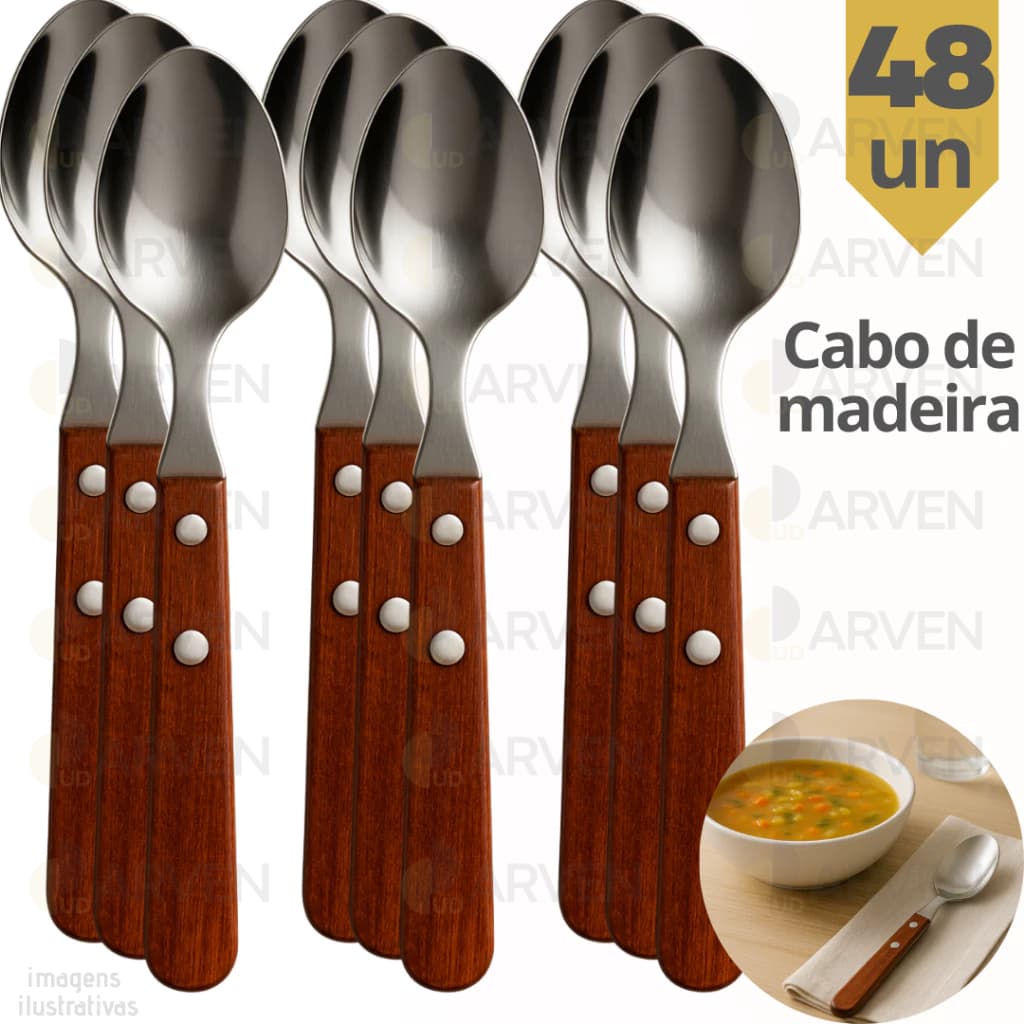 Kit Colher de Mesa Inox CABO MADEIRA Cozinha Talher Talheres