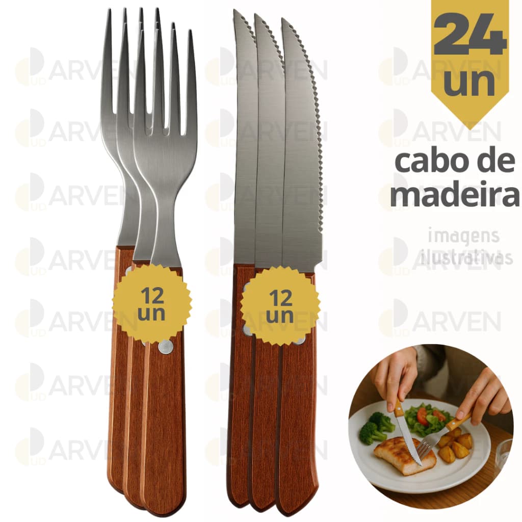 Kit  24 Peças em INOX 12 Garfos 12 Facas Inox de Mesa Cabo de Madeira