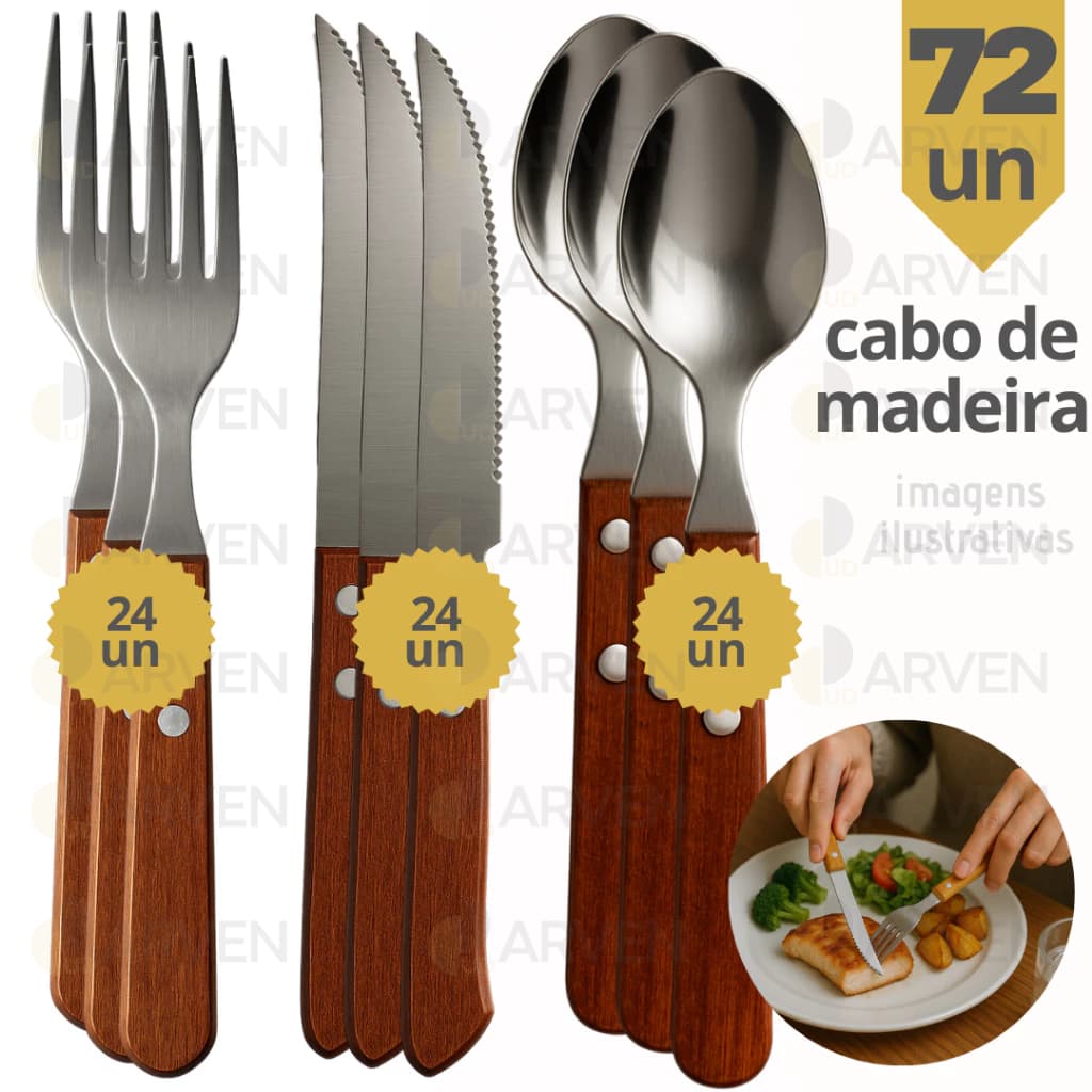 Kit 72 Talheres de Cozinha Inox Cabo de Madeira 24 Garfos  + 24 Facas + 24 Colheres de Mesa