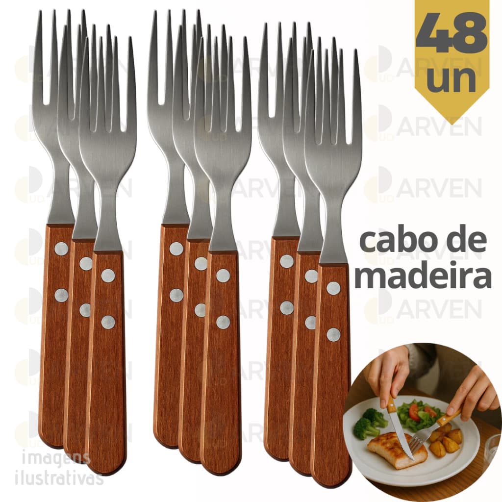 Kit 48 Garfo de Mesa Inox Cabo de Madeira ESCOLHA QUANTIDADE