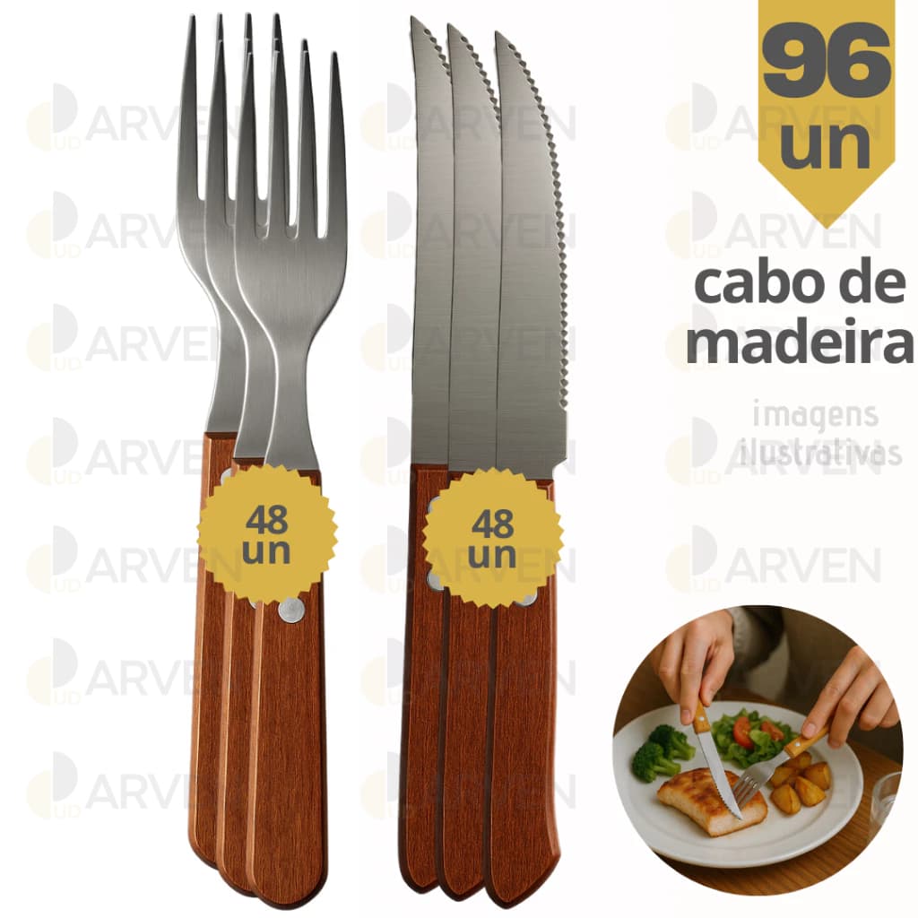 Kit 96 Peças em INOX 48 Garfos  48 Facas Inox de Mesa Cabo de Madeira