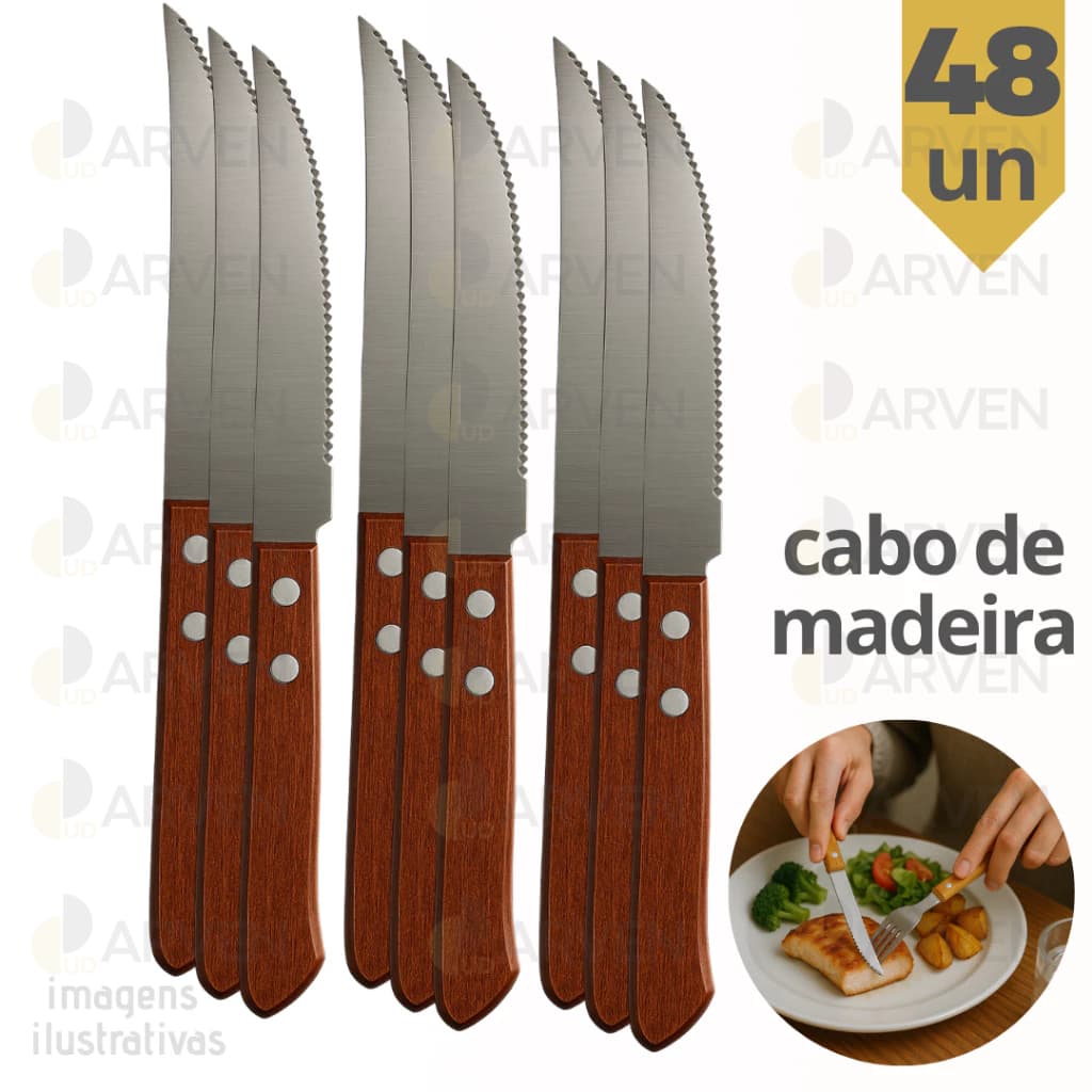 Kit Facas de Mesa Inox Cabo de Madeira ALTA QUALIDADE