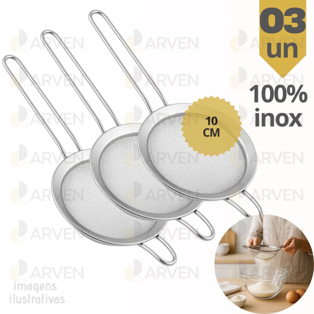 Kit 3 Peneira Coador Manual Em Aço Inox Para Cozinha 10cm