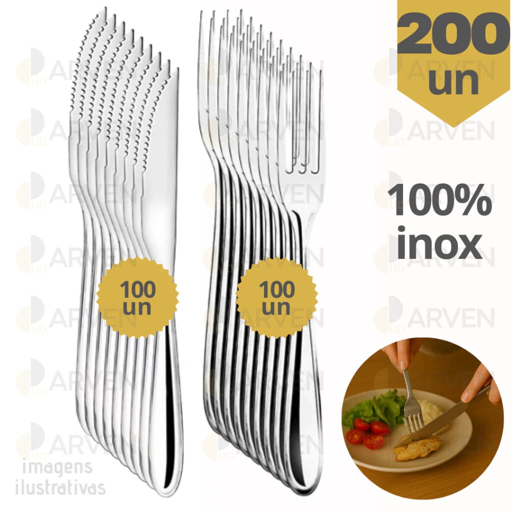 Jogo de Talher 200 Peças Inox 100 Facas 100 Garfos Luxo Alta Qualidade Premium Refeições Mesa Cozinha
