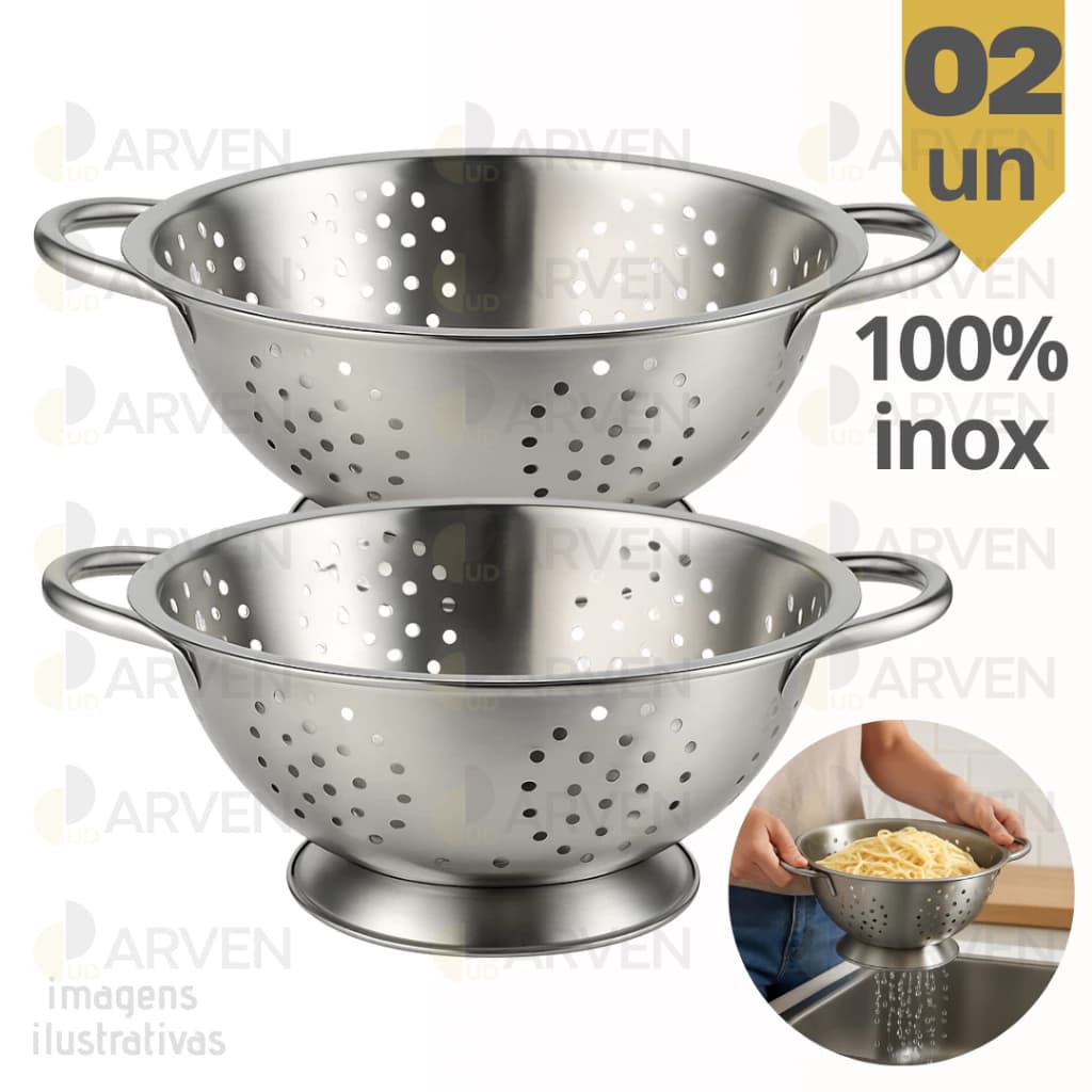 KIT 2 PÇ Escorredor De Macarrão Massa Inox Utensílios De Cozinha