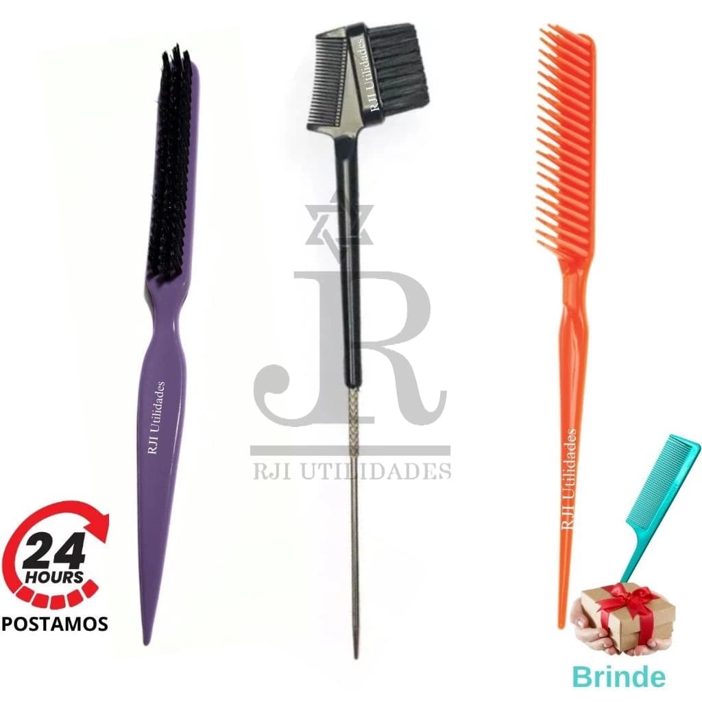 Escova Cabelo 3 Fileiras, Pente Escovinha Baby Hair 3 em 1 Ponta Aço Fina, Pente 3 Fileiras Fitagem