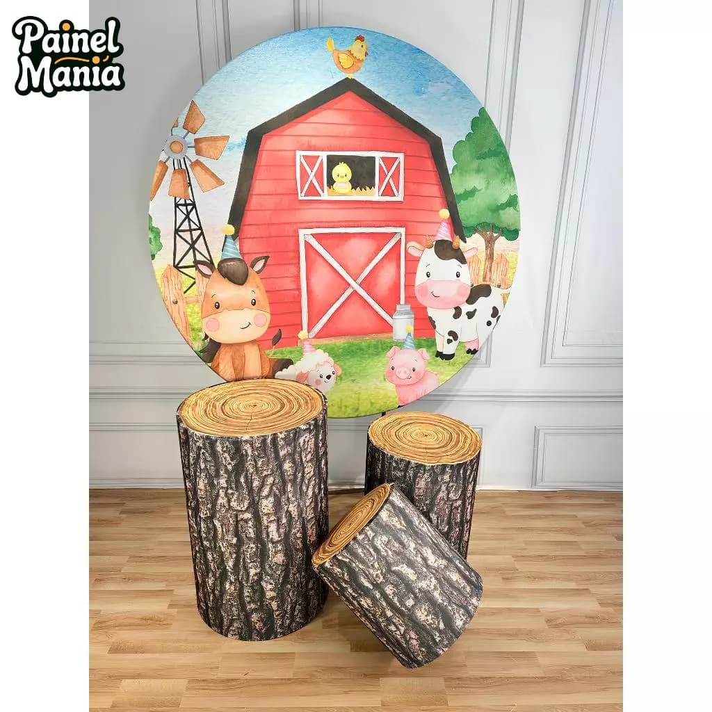Kit Capas Sublimadas Painel Redondo + Capas Cilindros de Festa Infantil Tema Fazendinha