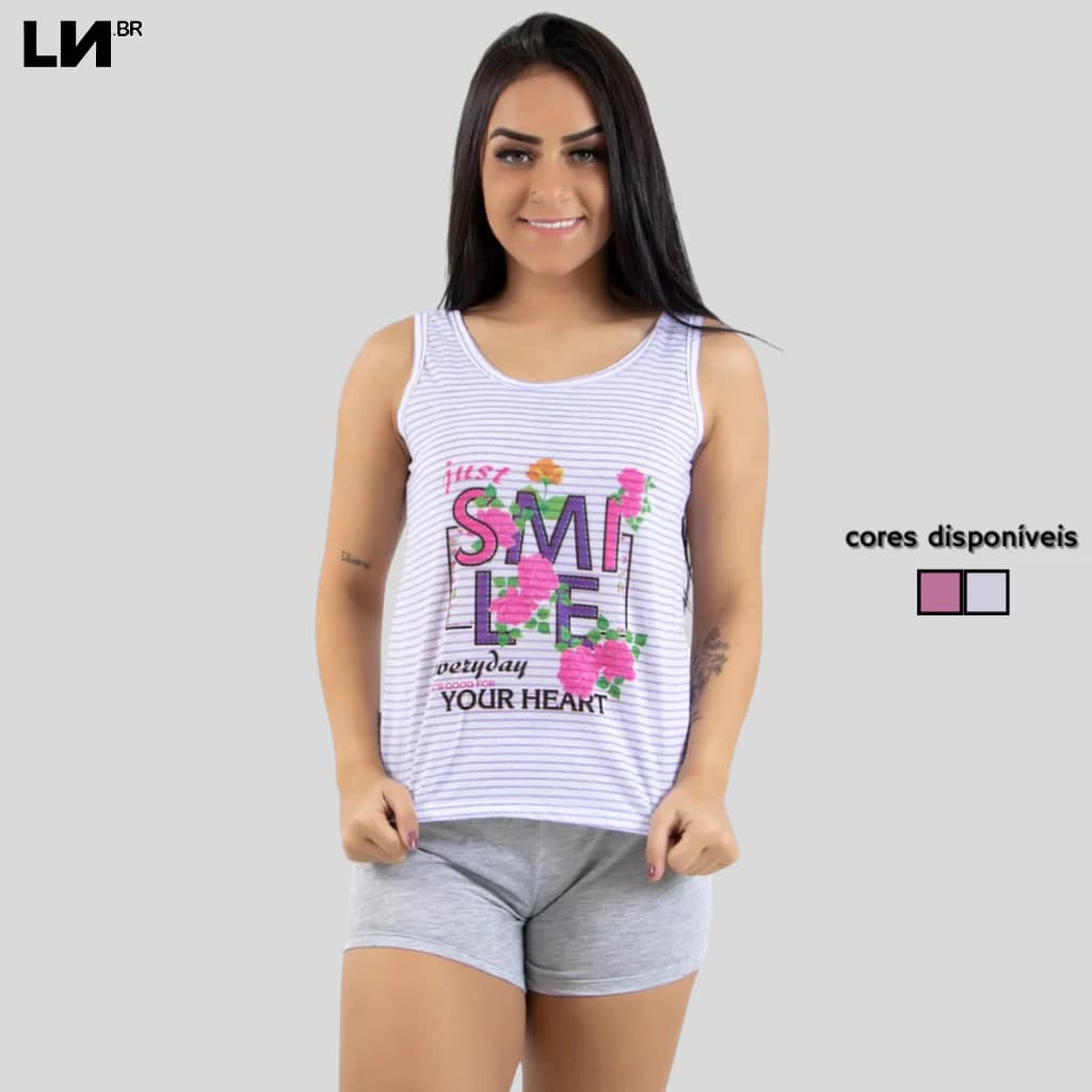 Conjunto de Pijama Feminino Linha Noite Baby Doll Listras Malha