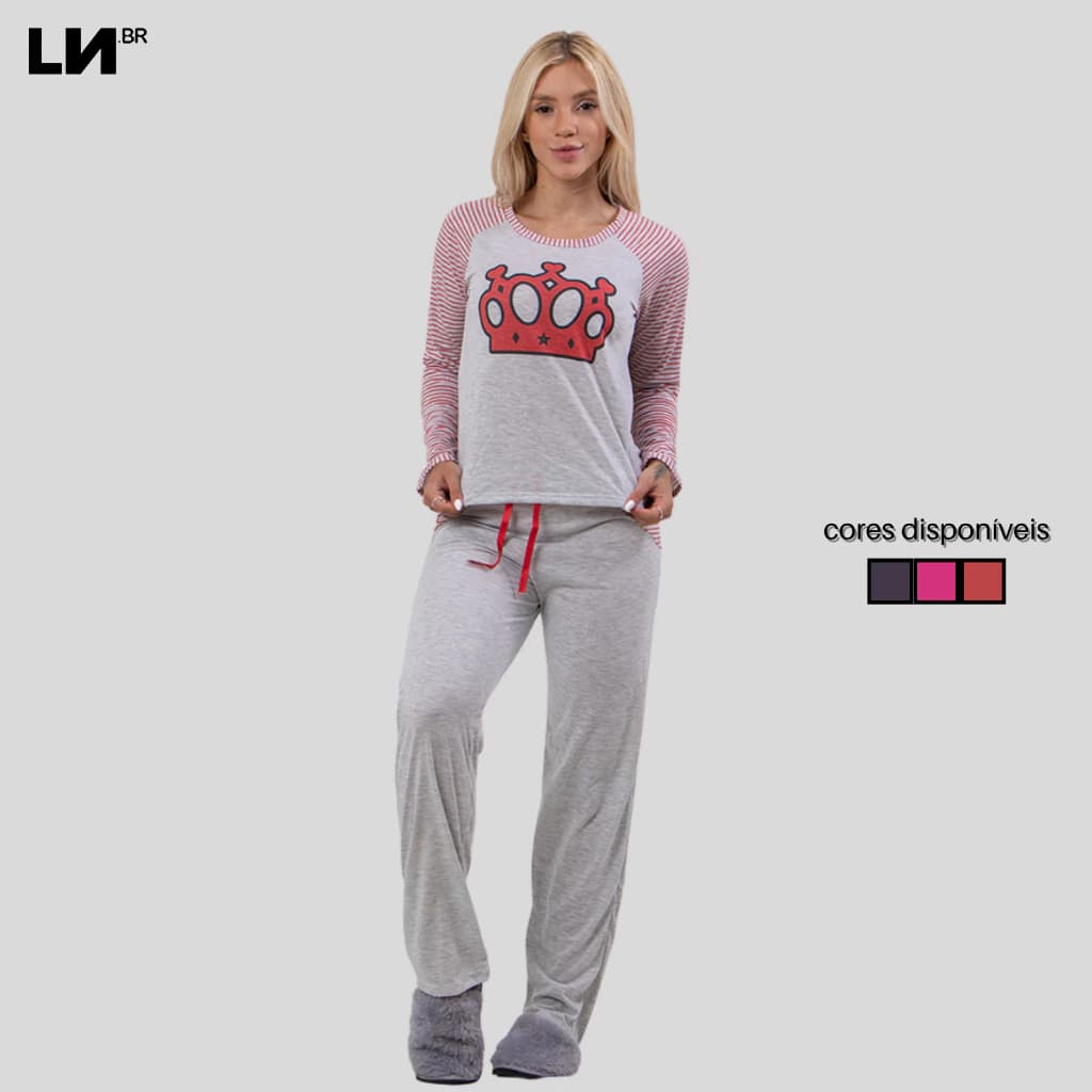 Pijama Inverno Comprido Estampado Coroa Listrado